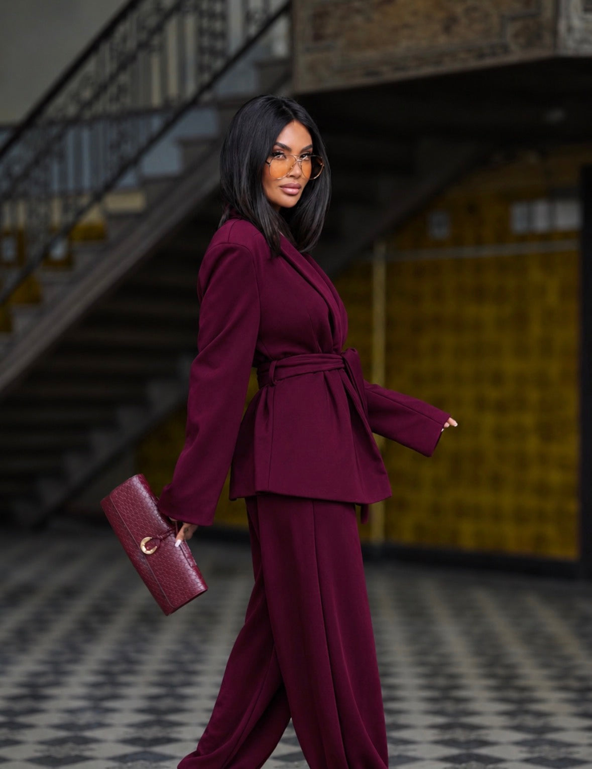 Freya Tailored Blazer in Burgundy, belted side view