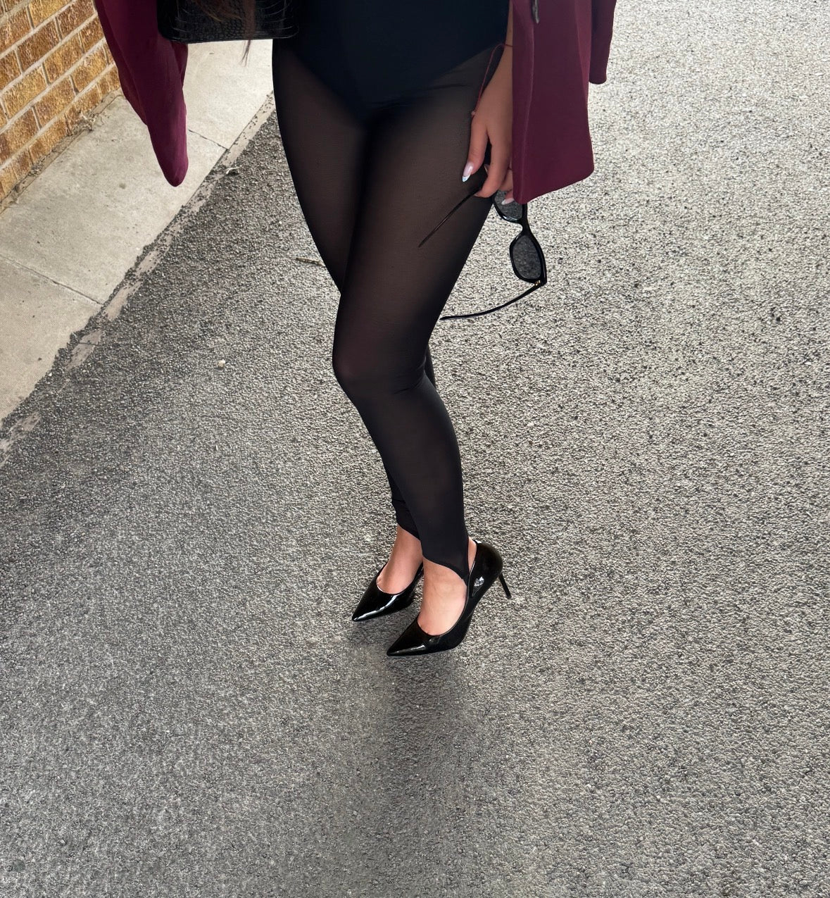 Kim Sheer Stirrup Leggings in Black, fitted front view