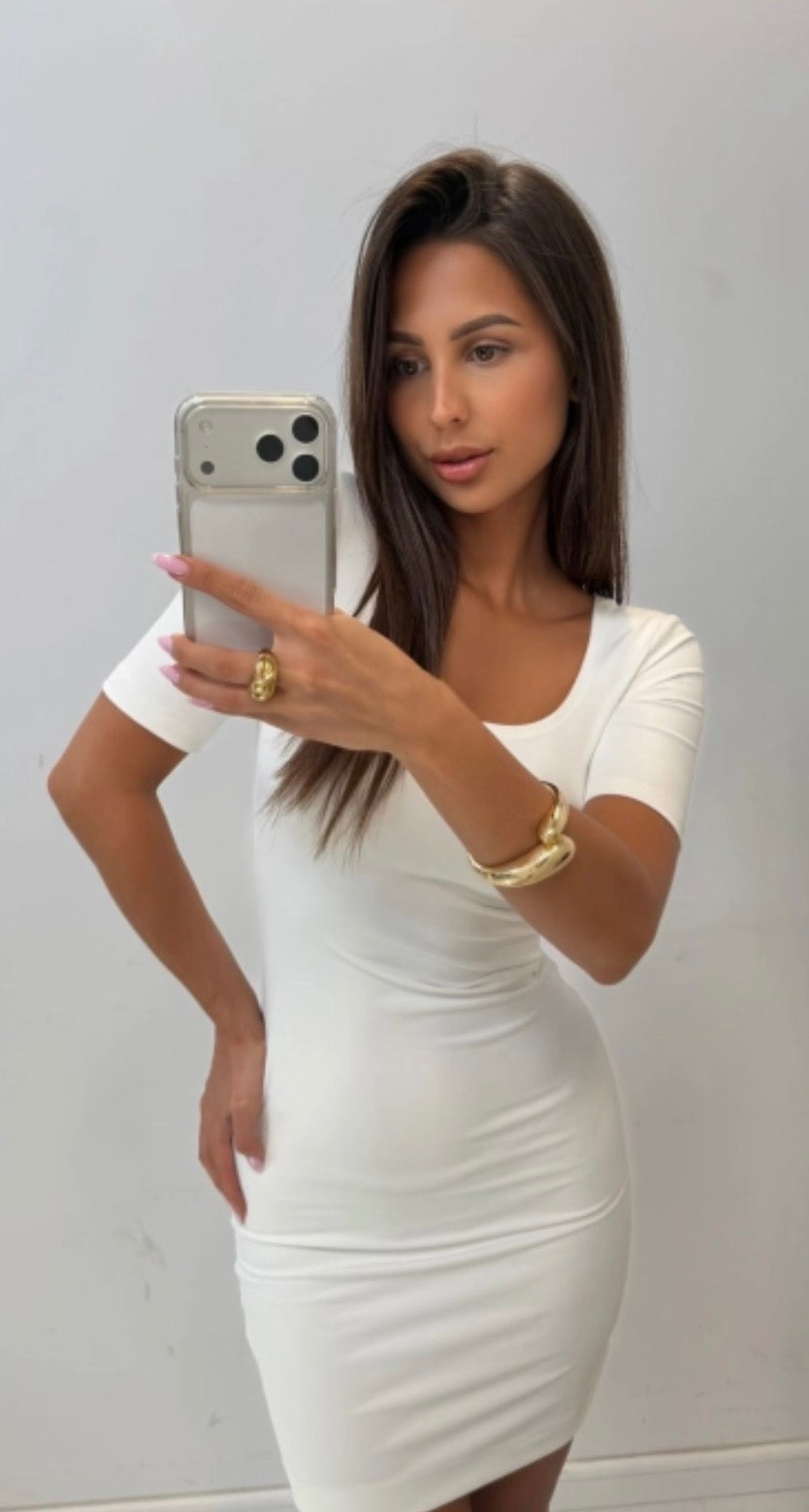 Laura Sculpt Mini Dress in White, side and fit view