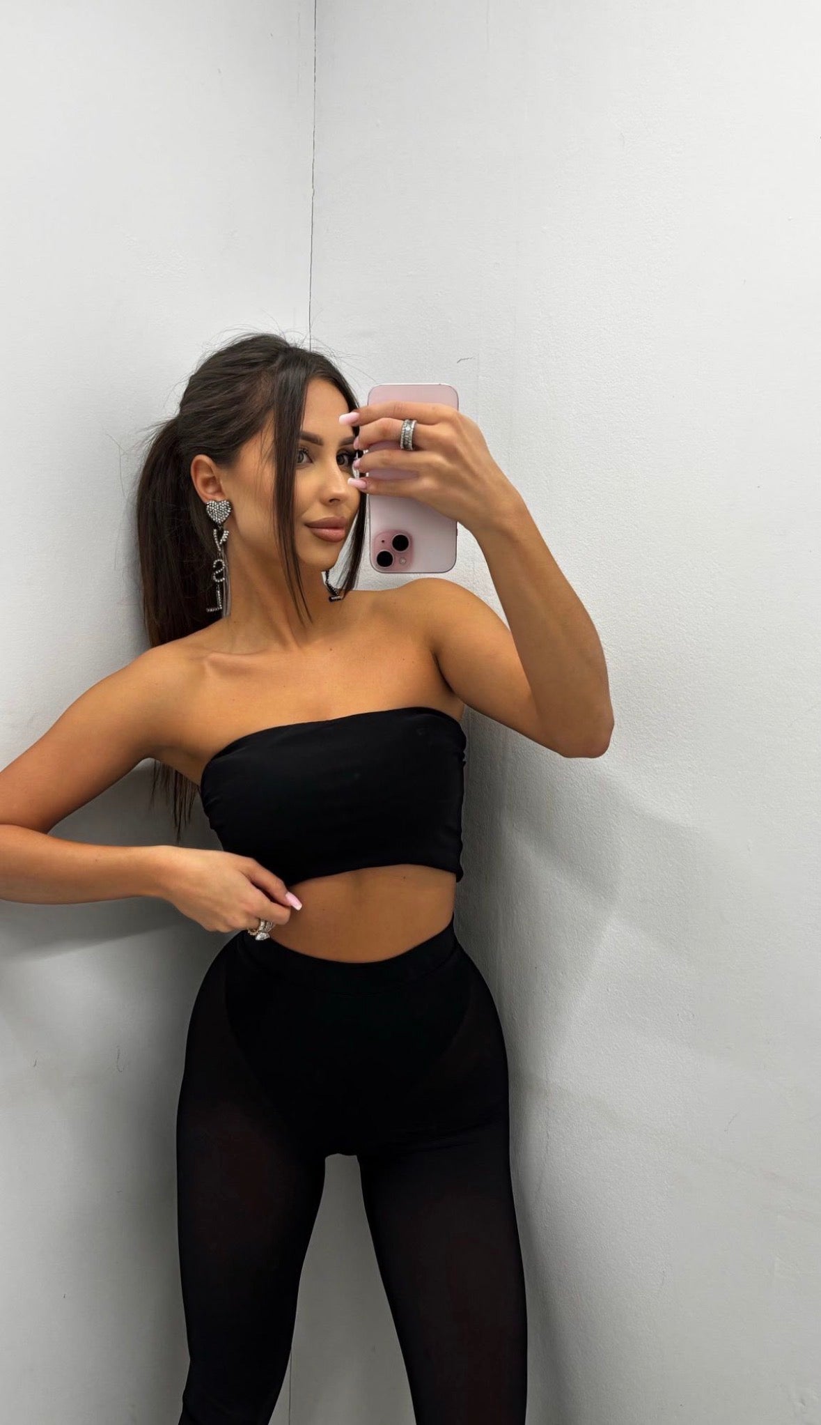 Lola Mesh Bandeau Top in Black, strapless front view