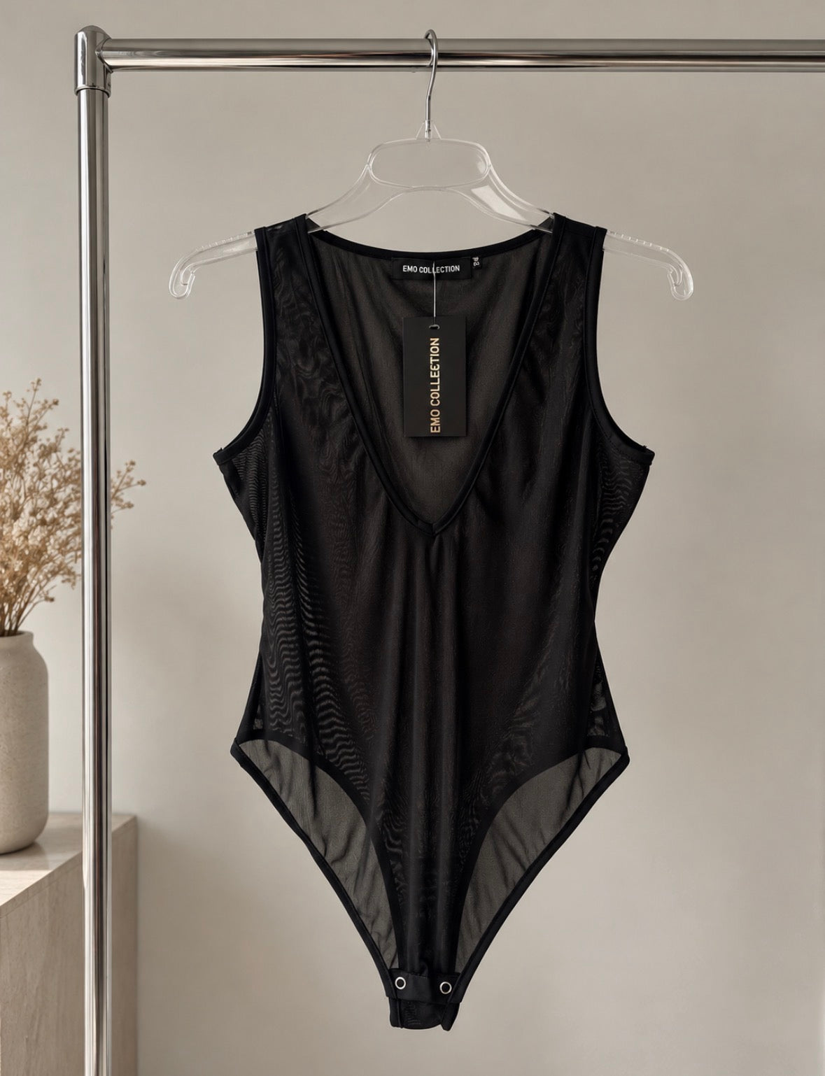Victoria Deep-V Mesh Bodysuit in Black, styled view