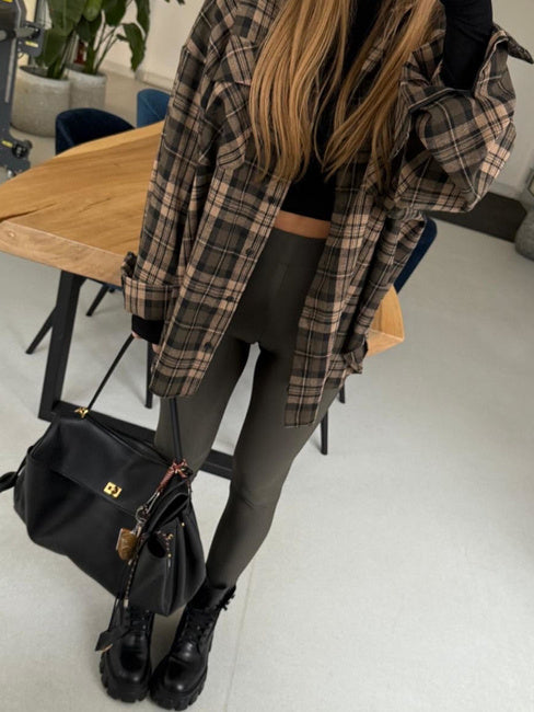 Nola khaki sculpt leggings styled with an oversized checked blazer and boots