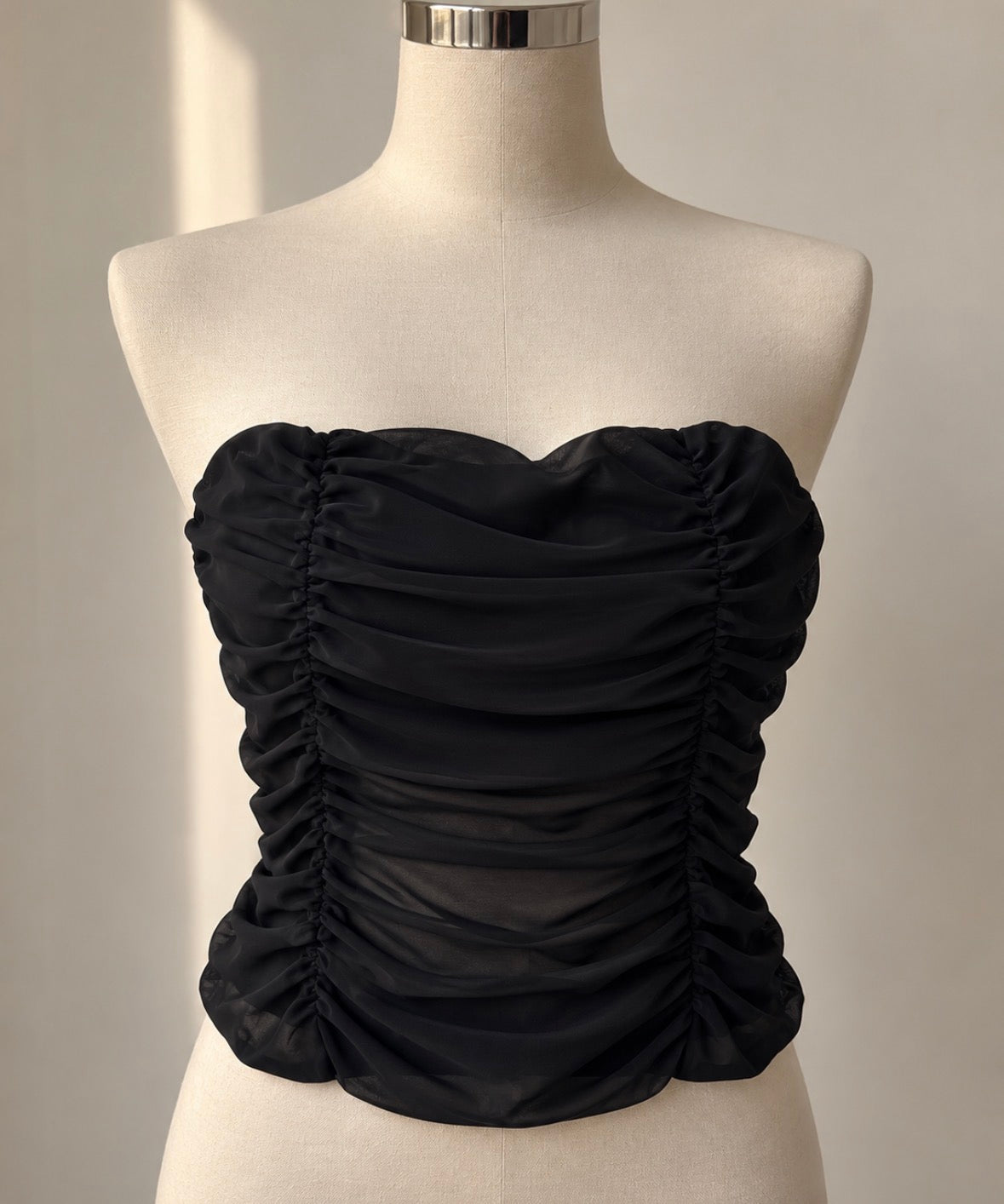 Dana Ruched Mesh Top in Black, ruched mesh detail