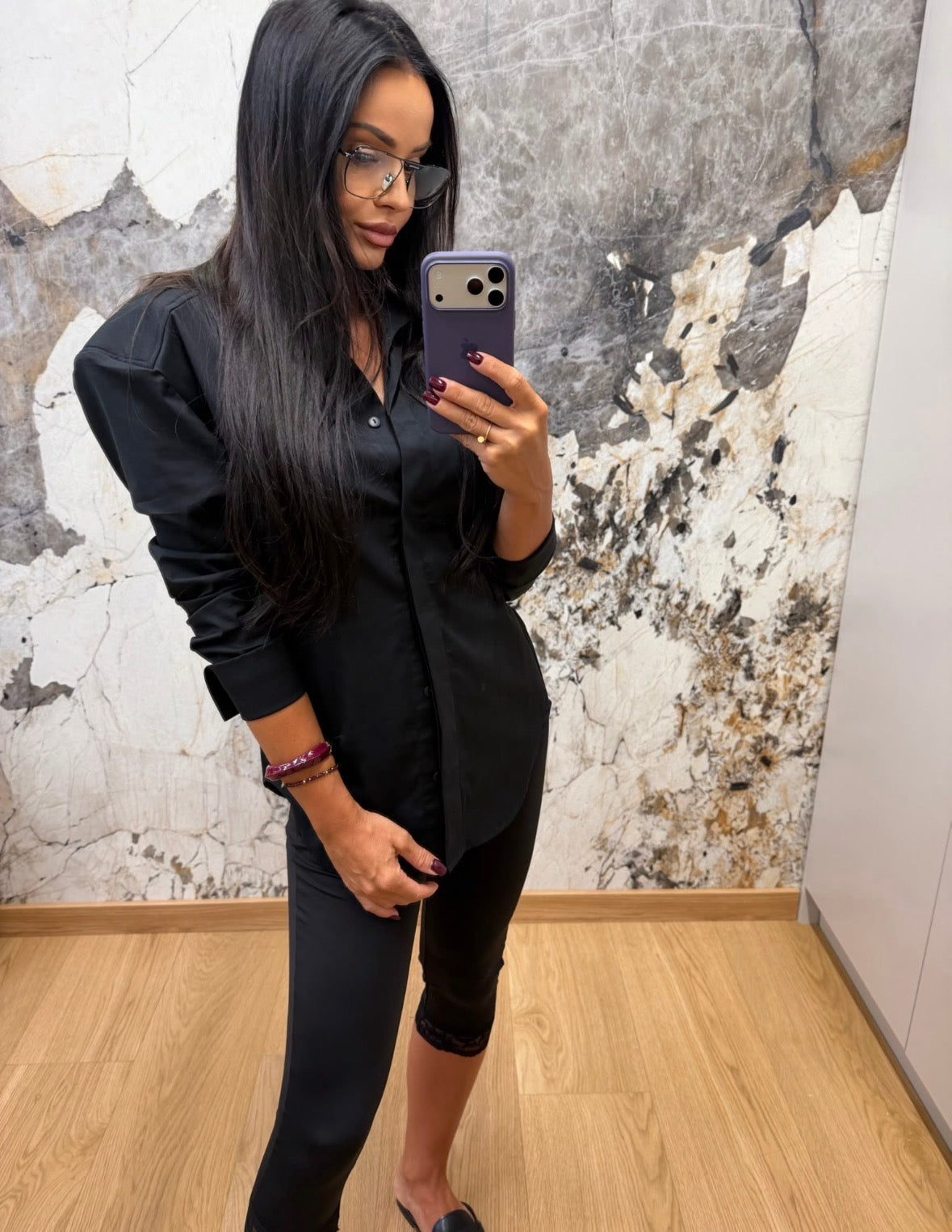 Elizabeth Tailored Shirt in Black, styled mirror front view