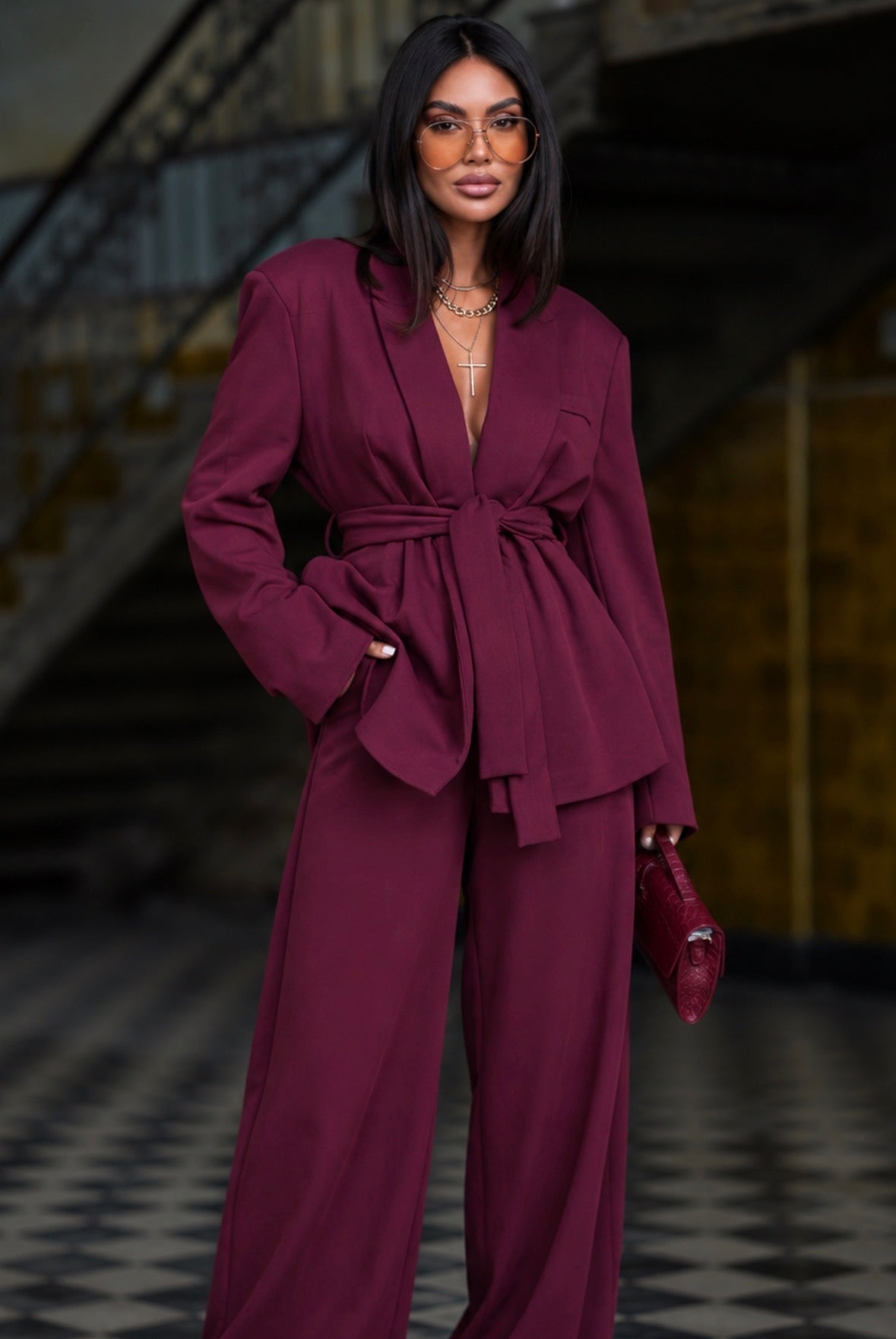Freya Tailored Blazer in Burgundy, belted full-length front view