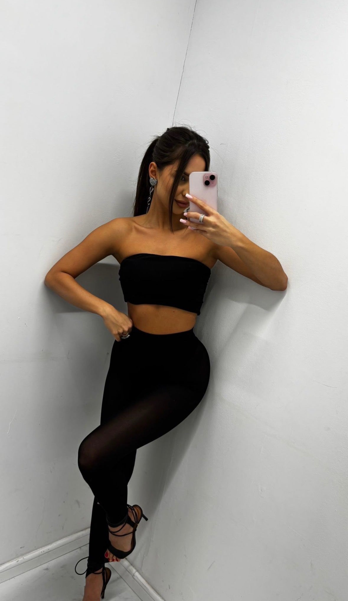 Lola Mesh Bandeau Top in Black, styled full-length view
