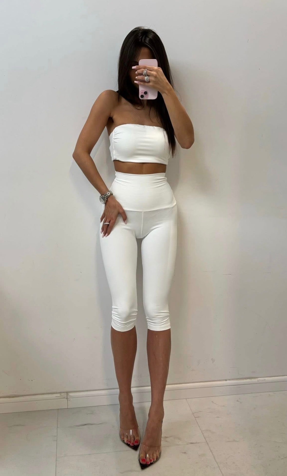 Lui High-Waisted Capri Leggings in White, full-length front view