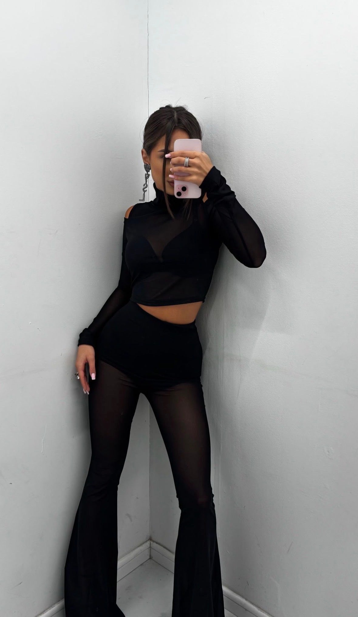 Sara Cold-Shoulder Mesh Top in Black, shoulder cut-out detail